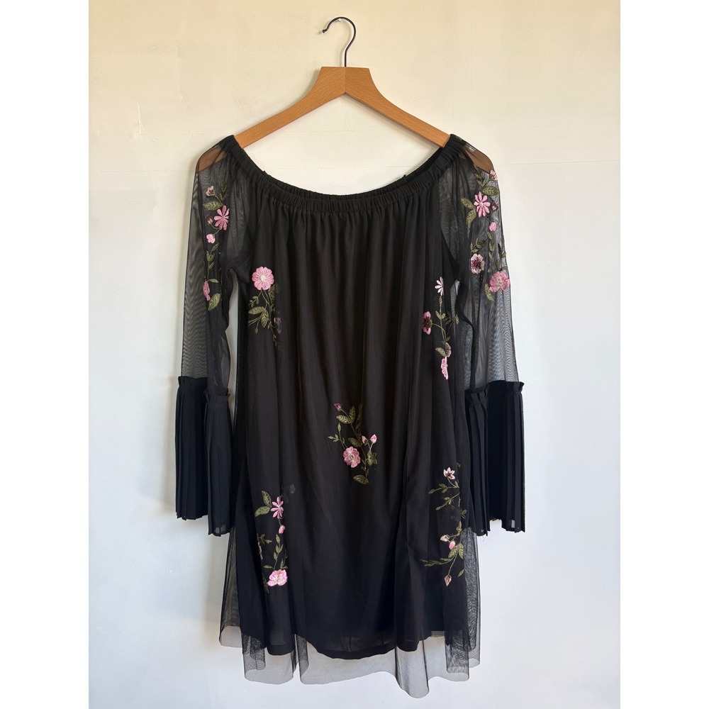 Bongo Womens Black Mesh Floral BOHO Embroidered Off Shoulder Mini shirt/Dress L